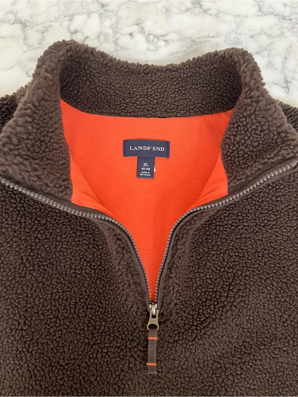 Lands' End chocolate brown sherpa fleece quarter-zip pullover cotton lining XL